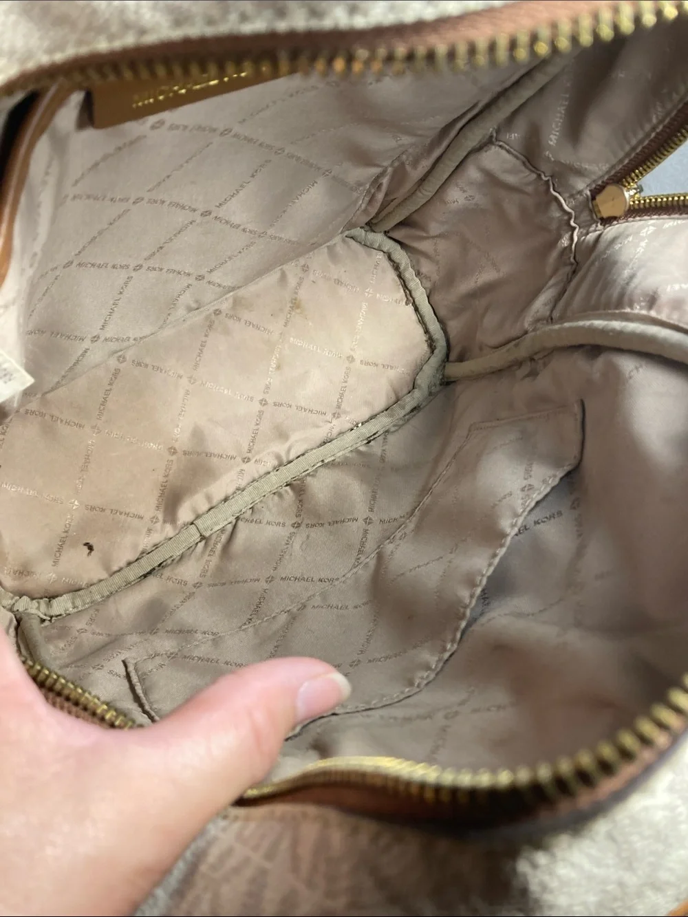 Michael Kors Cream Logo Aspen  Patch Backpack with Tan Trim